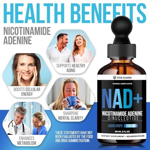 Vita Guard Pure NAD+ Nahrungsergänzungsmittel 1000mg flüssige Tropfen für Frauen und Männer | Nicotinamid-Adenin ähnlich wie Nicotinamid-Ribosid NAD Plus Booster – natürlicher Zitronen- und Orangen-Geschmack