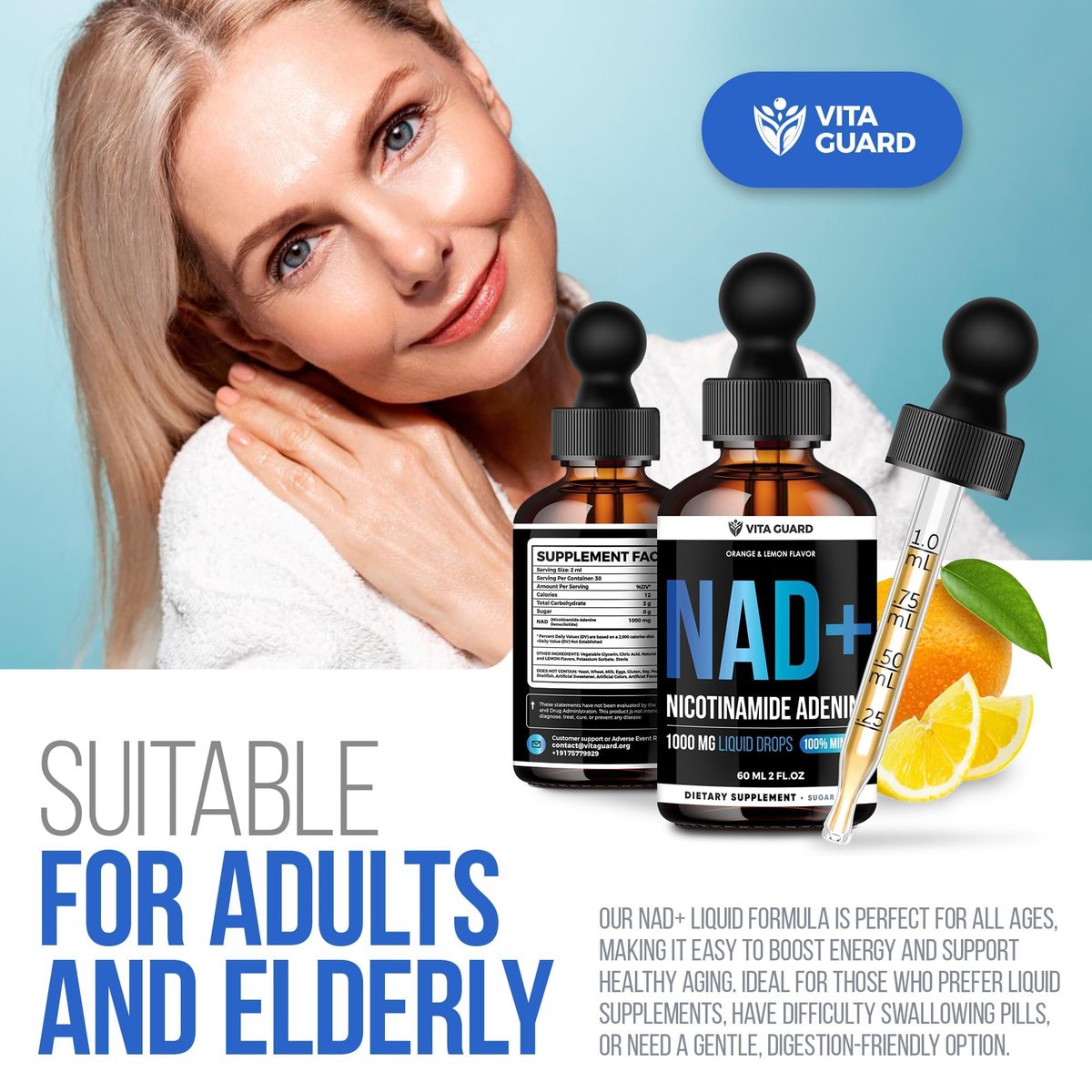 Vita Guard Pure NAD+ Nahrungsergänzungsmittel 1000mg flüssige Tropfen für Frauen und Männer | Nicotinamid-Adenin ähnlich wie Nicotinamid-Ribosid NAD Plus Booster – natürlicher Zitronen- und Orangen-Geschmack