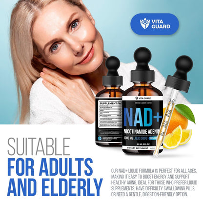 Vita Guard Pure NAD+ Nahrungsergänzungsmittel 1000mg flüssige Tropfen für Frauen und Männer | Nicotinamid-Adenin ähnlich wie Nicotinamid-Ribosid NAD Plus Booster – natürlicher Zitronen- und Orangen-Geschmack