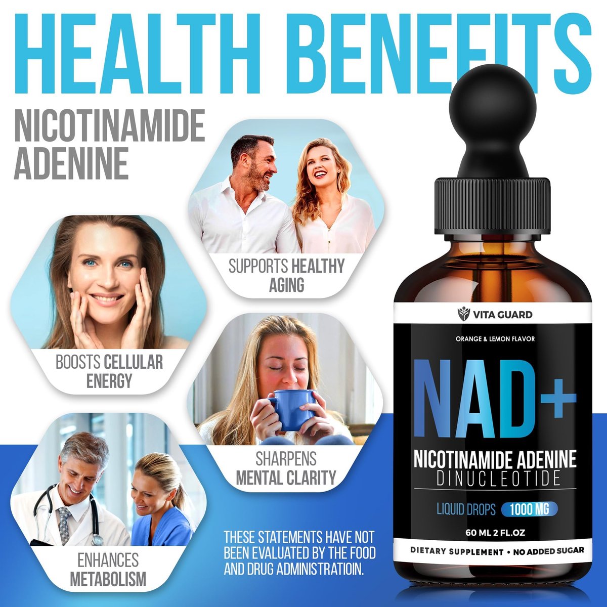 Vita Guard Pure NAD+ Nahrungsergänzungsmittel 1000mg flüssige Tropfen für Frauen und Männer | Nicotinamid-Adenin ähnlich wie Nicotinamid-Ribosid NAD Plus Booster – natürlicher Zitronen- und Orangen-Geschmack