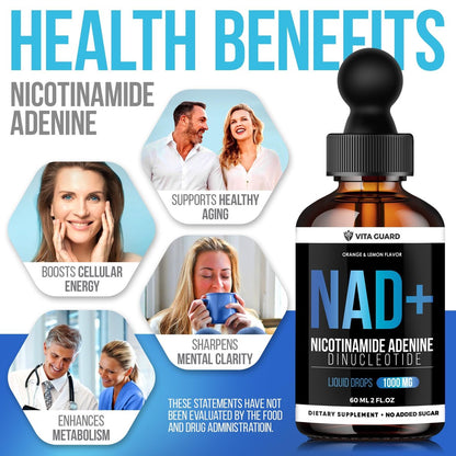 Vita Guard Pure NAD+ Nahrungsergänzungsmittel 1000mg flüssige Tropfen für Frauen und Männer | Nicotinamid-Adenin ähnlich wie Nicotinamid-Ribosid NAD Plus Booster – natürlicher Zitronen- und Orangen-Geschmack
