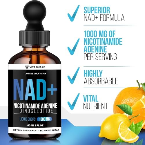 Vita Guard Pure NAD+ Nahrungsergänzungsmittel 1000mg flüssige Tropfen für Frauen und Männer | Nicotinamid-Adenin ähnlich wie Nicotinamid-Ribosid NAD Plus Booster – natürlicher Zitronen- und Orangen-Geschmack