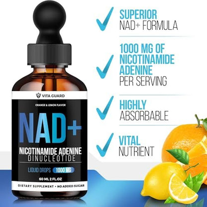 Vita Guard Pure NAD+ Nahrungsergänzungsmittel 1000mg flüssige Tropfen für Frauen und Männer | Nicotinamid-Adenin ähnlich wie Nicotinamid-Ribosid NAD Plus Booster – natürlicher Zitronen- und Orangen-Geschmack