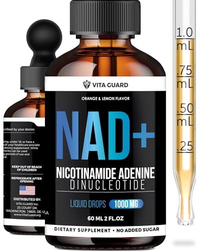 Vita Guard Pure NAD+ Nahrungsergänzungsmittel 1000mg flüssige Tropfen für Frauen und Männer | Nicotinamid-Adenin ähnlich wie Nicotinamid-Ribosid NAD Plus Booster – natürlicher Zitronen- und Orangen-Geschmack