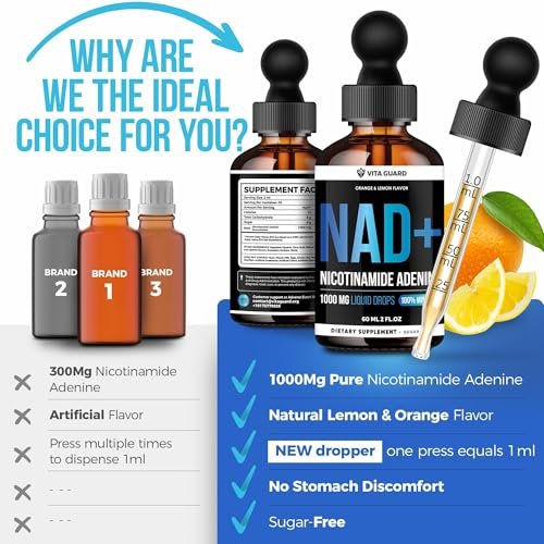 Vita Guard Pure NAD+ Nahrungsergänzungsmittel 1000mg flüssige Tropfen für Frauen und Männer | Nicotinamid-Adenin ähnlich wie Nicotinamid-Ribosid NAD Plus Booster – natürlicher Zitronen- und Orangen-Geschmack