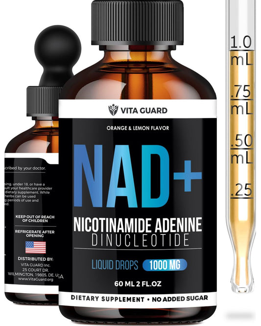 Vita Guard Pure NAD+ Nahrungsergänzungsmittel 1000mg flüssige Tropfen für Frauen und Männer | Nicotinamid-Adenin ähnlich wie Nicotinamid-Ribosid NAD Plus Booster – natürlicher Zitronen- und Orangen-Geschmack