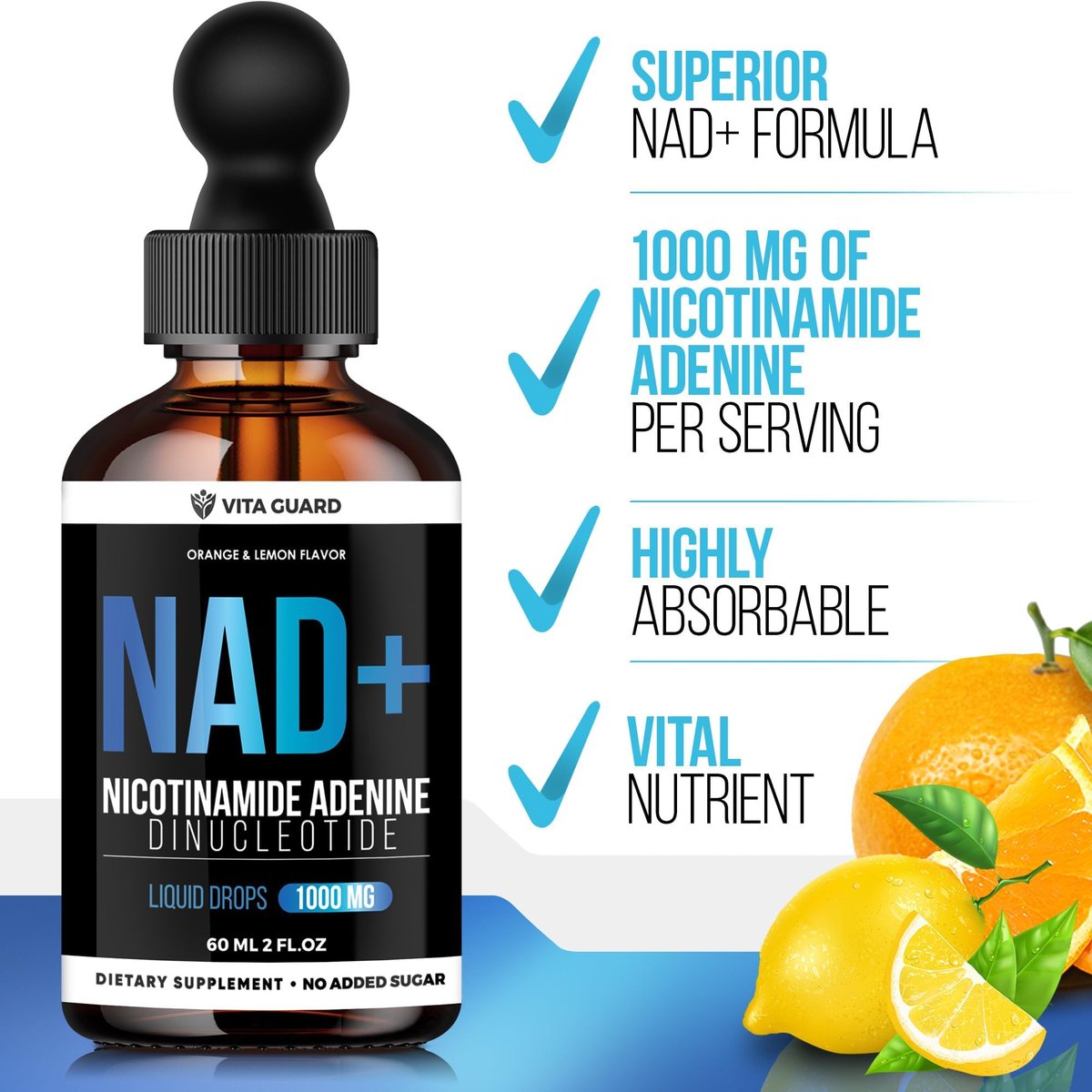Vita Guard Pure NAD+ Nahrungsergänzungsmittel 1000mg flüssige Tropfen für Frauen und Männer | Nicotinamid-Adenin ähnlich wie Nicotinamid-Ribosid NAD Plus Booster – natürlicher Zitronen- und Orangen-Geschmack