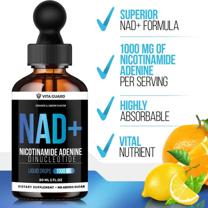 Vita Guard Pure NAD+ Nahrungsergänzungsmittel 1000mg flüssige Tropfen für Frauen und Männer | Nicotinamid-Adenin ähnlich wie Nicotinamid-Ribosid NAD Plus Booster – natürlicher Zitronen- und Orangen-Geschmack