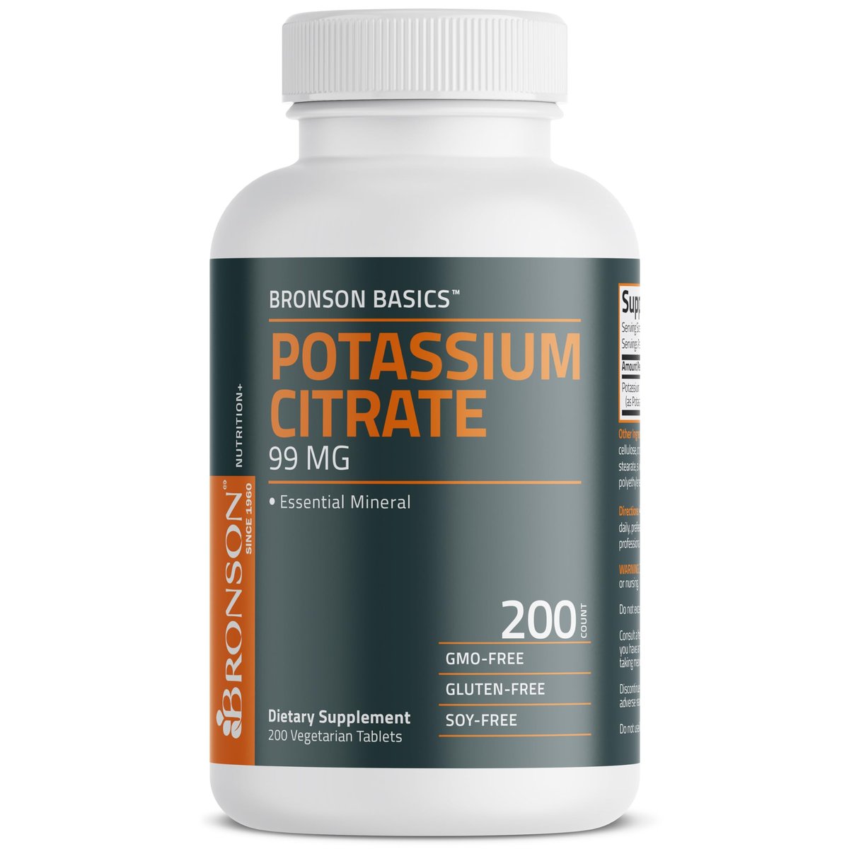 Bronson Kaliumcitrat 99 mg – essentielles Mineral, Non-GMO, 200 vegetarische Tabletten