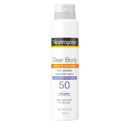 Neutrogena Clear Body SPF 50 Sonnenspray – Leichter Sonnenschutz für den Körper mit Vitamin E & Niacinamid, wasserfest, nicht komedogen, 150 ml