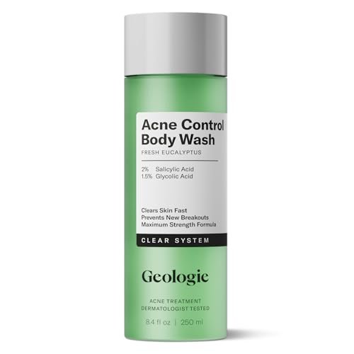 Geologie Akne-Kontroll-Duschgel | Frischer Eukalyptus | 2% Salicylsäure + 1,5% Glykolsäure | Bekämpft Körperakne und beugt Ausbrüchen vor | Für Männer & Frauen | Ohne Benzoylperoxid | 240 ml