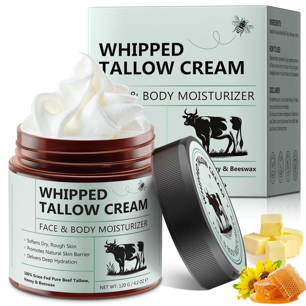WHLH & WELL-BEING Rindertalg für die Haut – Rindertalg- und Honigbalsam, natürlicher Feuchtigkeitsspender für Gesicht & Körper, 1 Packung (4,2 Fl Oz)