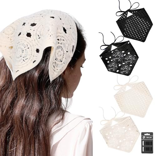 obeoby 4er-Pack Häkel-Bandanas Stirnband für Frühling und Sommer, Vintage Blumen-Kopftuch für Musikfestival-Outfits, Mädchen mit Haarnadeln