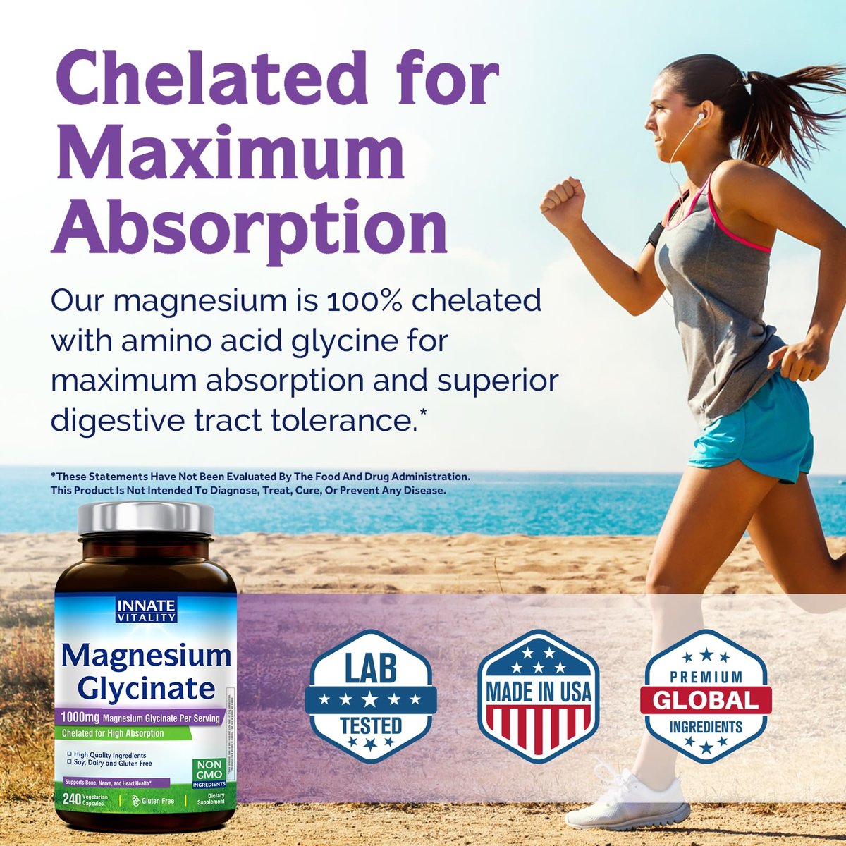 Innate Vitality Magnesium Glycinat 1000 mg pro Portion | 140 mg elementares Magnesium – hochabsorbierend, nicht gepuffert, Non-GMO & glutenfrei – für Nerven-, Knochen- und Herzgesundheit – 240 Kapseln