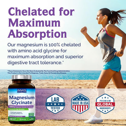 Innate Vitality Magnesium Glycinat 1000 mg pro Portion | 140 mg elementares Magnesium – hochabsorbierend, nicht gepuffert, Non-GMO & glutenfrei – für Nerven-, Knochen- und Herzgesundheit – 240 Kapseln