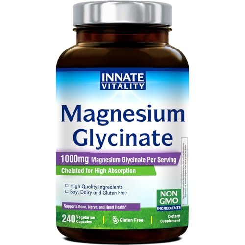 Innate Vitality Magnesium Glycinat 1000 mg pro Portion | 140 mg elementares Magnesium – hochabsorbierend, nicht gepuffert, Non-GMO & glutenfrei – für Nerven-, Knochen- und Herzgesundheit – 240 Kapseln