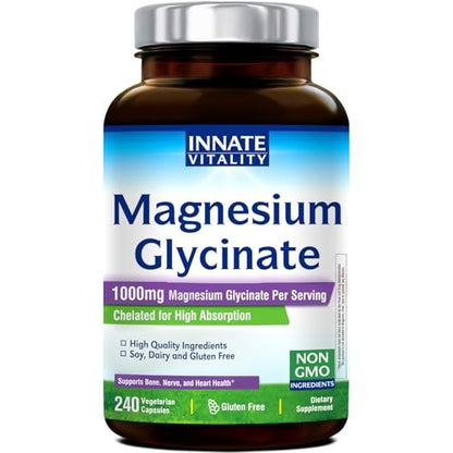 Innate Vitality Magnesium Glycinat 1000 mg pro Portion | 140 mg elementares Magnesium – hochabsorbierend, nicht gepuffert, Non-GMO & glutenfrei – für Nerven-, Knochen- und Herzgesundheit – 240 Kapseln