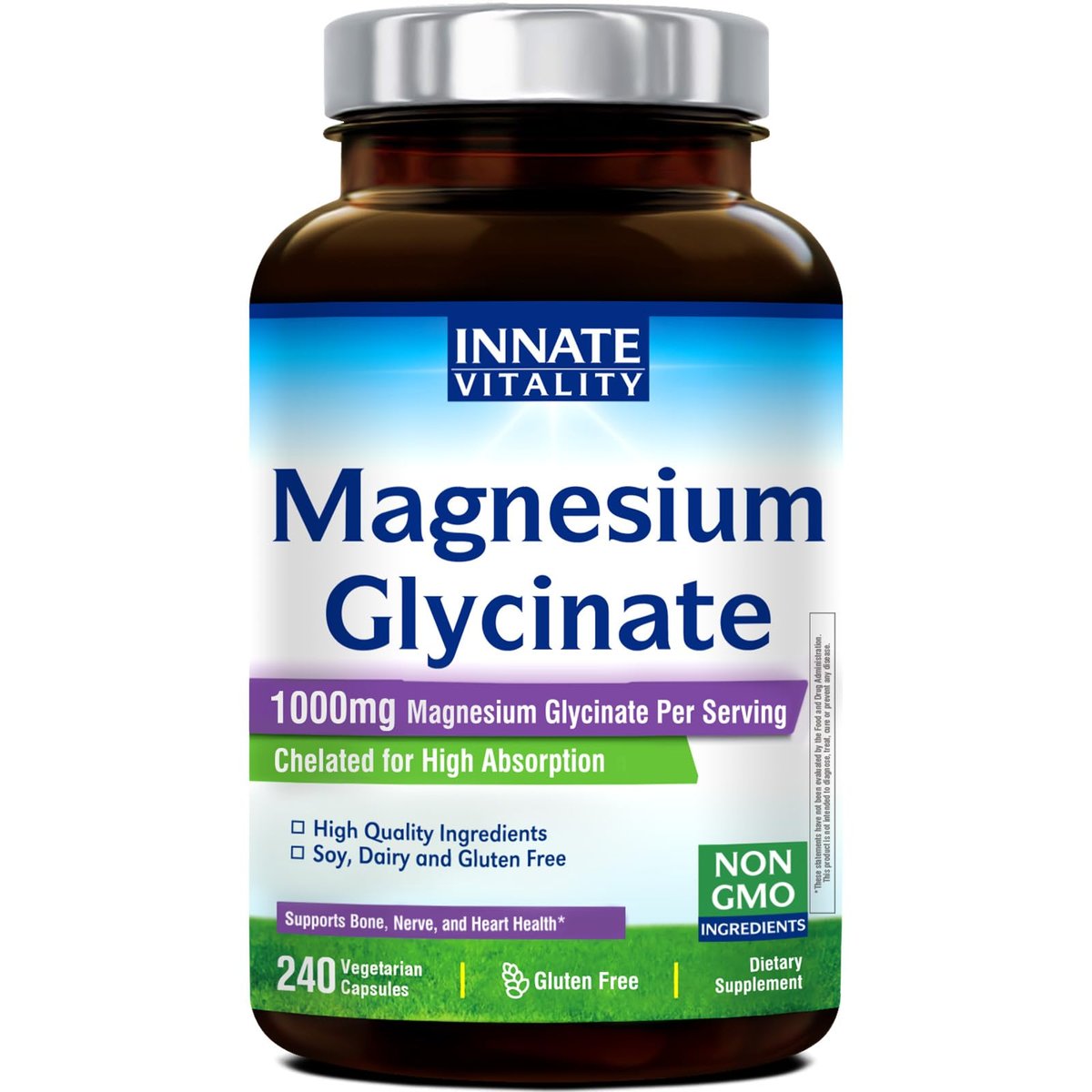 Innate Vitality Magnesium Glycinat 1000 mg pro Portion | 140 mg elementares Magnesium – hochabsorbierend, nicht gepuffert, Non-GMO & glutenfrei – für Nerven-, Knochen- und Herzgesundheit – 240 Kapseln