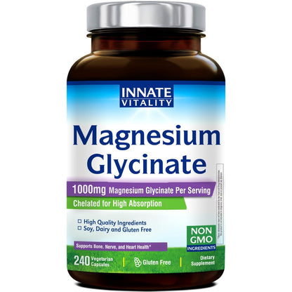 Innate Vitality Magnesium Glycinat 1000 mg pro Portion | 140 mg elementares Magnesium – hochabsorbierend, nicht gepuffert, Non-GMO & glutenfrei – für Nerven-, Knochen- und Herzgesundheit – 240 Kapseln