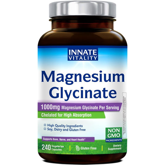 Innate Vitality Magnesium Glycinat 1000 mg pro Portion | 140 mg elementares Magnesium – hochabsorbierend, nicht gepuffert, Non-GMO & glutenfrei – für Nerven-, Knochen- und Herzgesundheit – 240 Kapseln