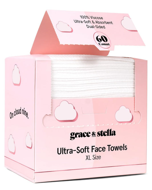 grace & stella Gesichtstücher Einweg – Reiseessentials – Ultraweiche & saugfähige Gesichtstücher – XL Gesichtstücher für Reinigung & Make-up-Entfernung – Fusselfreies Gesichtstuch – Vegan (60 Stück)