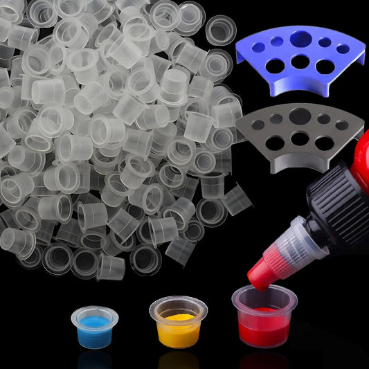 Tattoo Ink Cups Kit - SOTICA 500 Stück Tattoo-Farbbecher in gemischten Größen mit 2 Tattoo-Farbhaltern, Plastik-Farbbecher mit Haltern für Tattoo-Zubehör