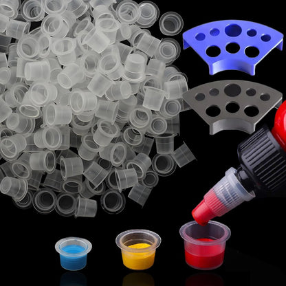 Tattoo Ink Cups Kit - SOTICA 500 Stück Tattoo-Farbbecher in gemischten Größen mit 2 Tattoo-Farbhaltern, Plastik-Farbbecher mit Haltern für Tattoo-Zubehör