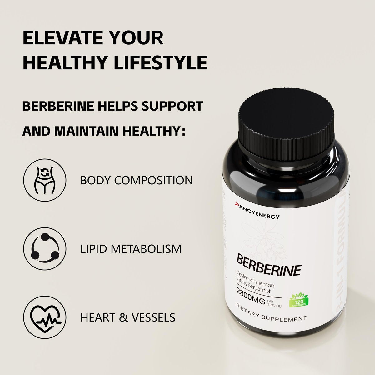 FANCYENERGY Berberin HCl Komplex mit Ceylon-Zimt & Citrus Bergamot – Pflanzliche Kapseln für tägliches Wohlbefinden – 120 vegane Kapseln