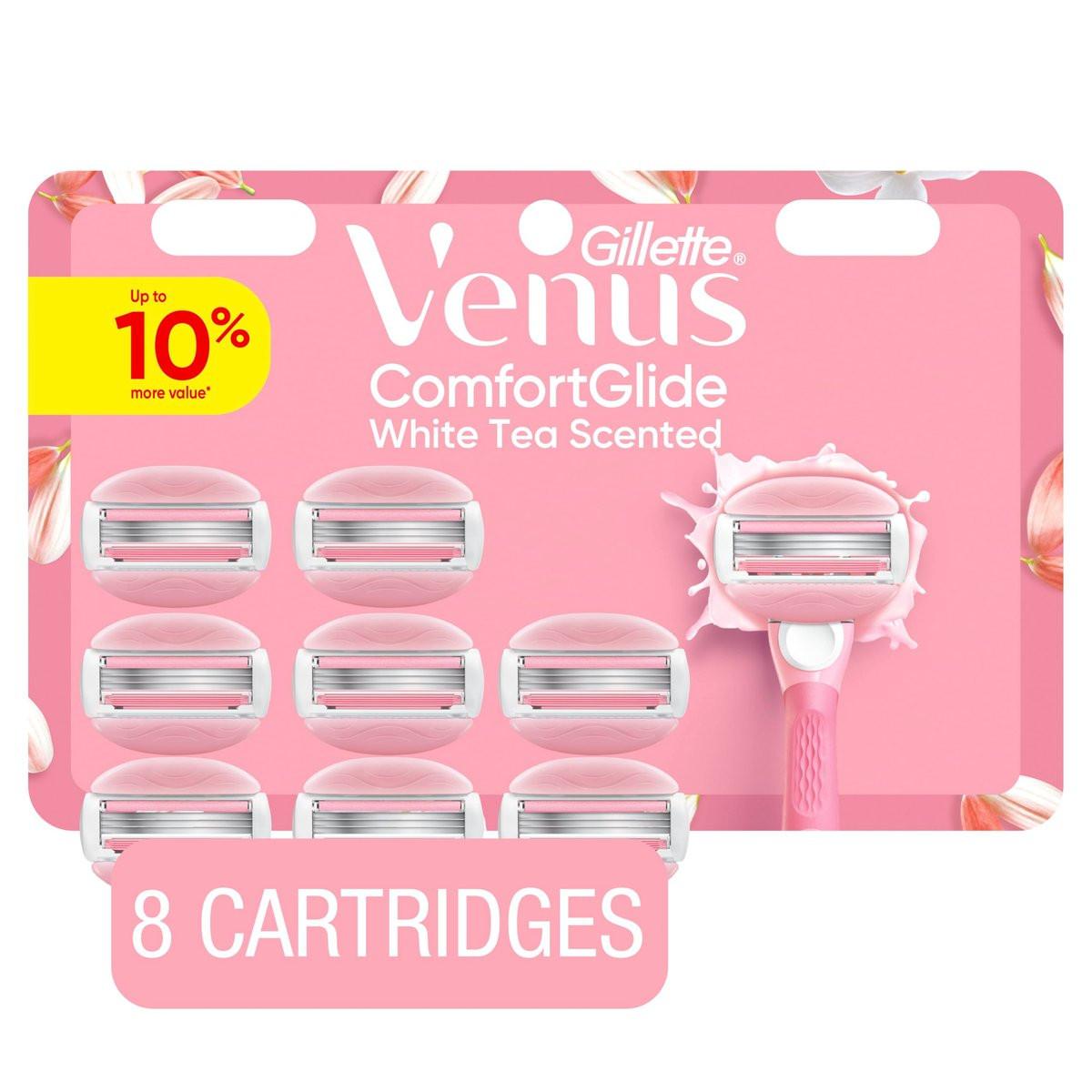 Venus ComfortGlide Weißer Tee Damen Rasierklingen mit eingebauten Rasiergel-Streifen, 8 Rasierklingen-Nachfüllpackungen