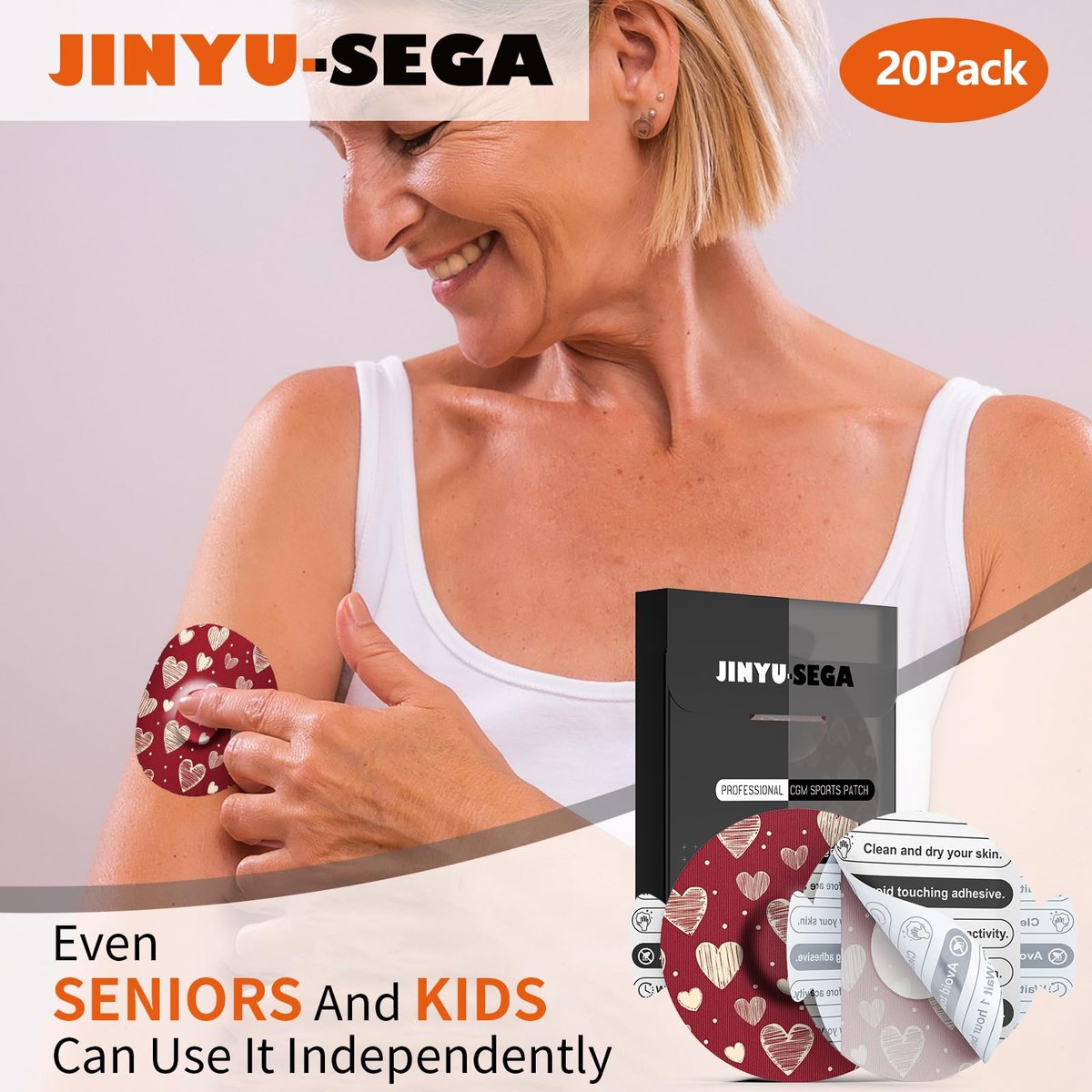Jinyusega Klebepflaster für Dexcom G7 – 20 Stück, wasserdichte CGM-Sensorabdeckung mit Easy-Peel-Laschen, vorgeschnittene Trägerfolie, Nano 360° elastisches Gewebe, Valoria