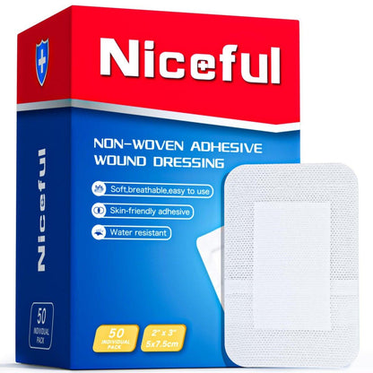 Niceful 50 Stück Haftende Mullbinden 2"x3", Wasserabweisende Wundauflage, Steril & Saugfähig, Verbandspads für Erste Hilfe