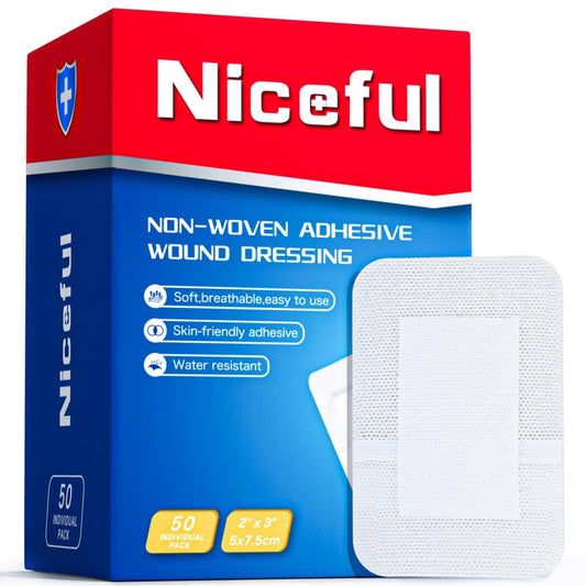 Niceful 50 Stück Haftende Mullbinden 2"x3", Wasserabweisende Wundauflage, Steril & Saugfähig, Verbandspads für Erste Hilfe
