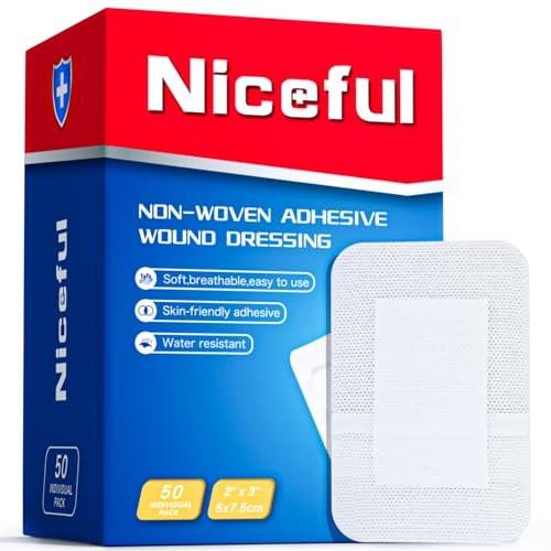 Niceful 50 Stück Haftende Mullbinden 2"x3", Wasserabweisende Wundauflage, Steril & Saugfähig, Verbandspads für Erste Hilfe