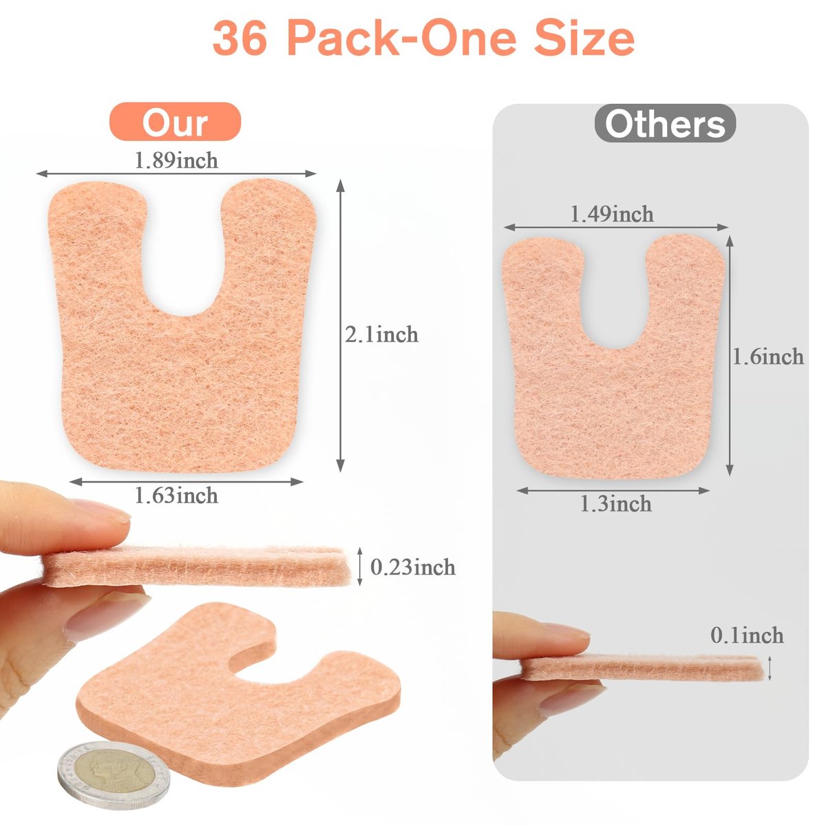 36 Stück U-förmige Hornhautpads, weiche Hühneraugen-Pads für die Fußsohle, Filz-Klebepolster für den Mittelfuß, beige Fersenpolster zur Schmerzlinderung, verhindern Reibung an Schuhen für Damen & Herren