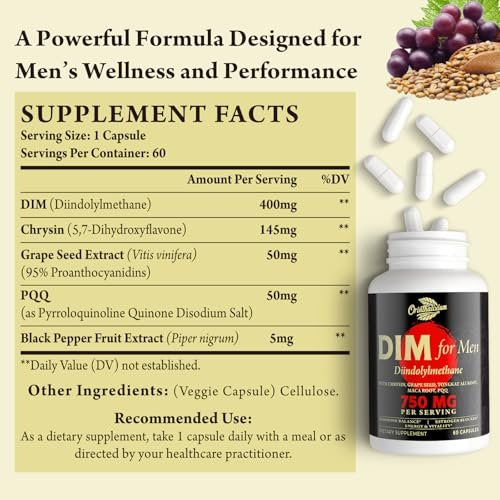Orinthalixium DIM für Männer 750 mg – Hormonbalance, Östrogenunterstützung, Entgiftung, Vitalität & Fitness – mit Chrysin & Schwarzem Pfefferextrakt, 60 Kapseln