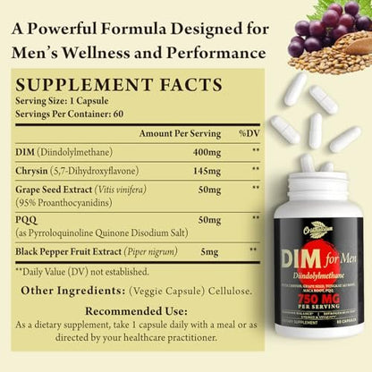 Orinthalixium DIM für Männer 750 mg – Hormonbalance, Östrogenunterstützung, Entgiftung, Vitalität & Fitness – mit Chrysin & Schwarzem Pfefferextrakt, 60 Kapseln
