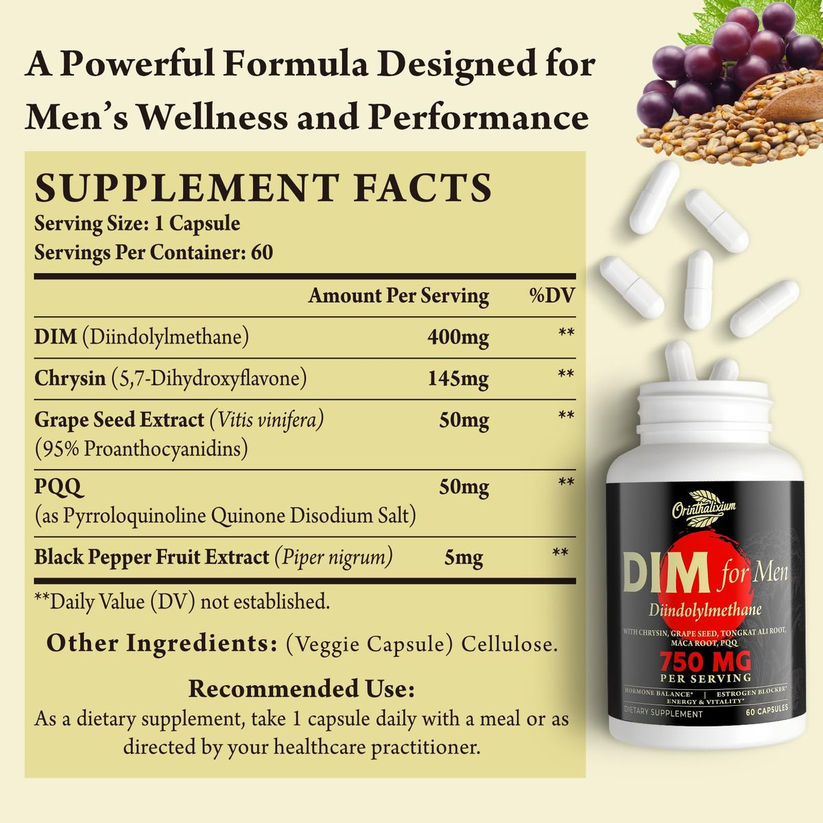 Orinthalixium DIM für Männer 750 mg – Hormonbalance, Östrogenunterstützung, Entgiftung, Vitalität & Fitness – mit Chrysin & Schwarzem Pfefferextrakt, 60 Kapseln
