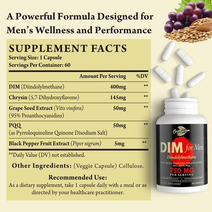 Orinthalixium DIM für Männer 750 mg – Hormonbalance, Östrogenunterstützung, Entgiftung, Vitalität & Fitness – mit Chrysin & Schwarzem Pfefferextrakt, 60 Kapseln