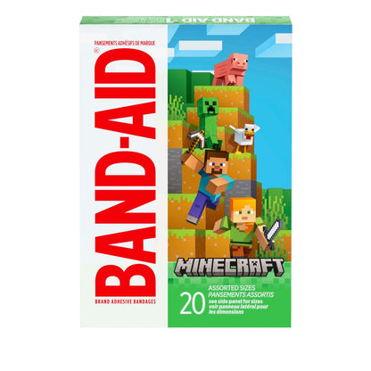 BAND-AID Marken-Pflaster für Kinder mit Minecraft-Design, für kleine Schnitte und Schrammen, bunt, verschiedene Größen, 20 Stück