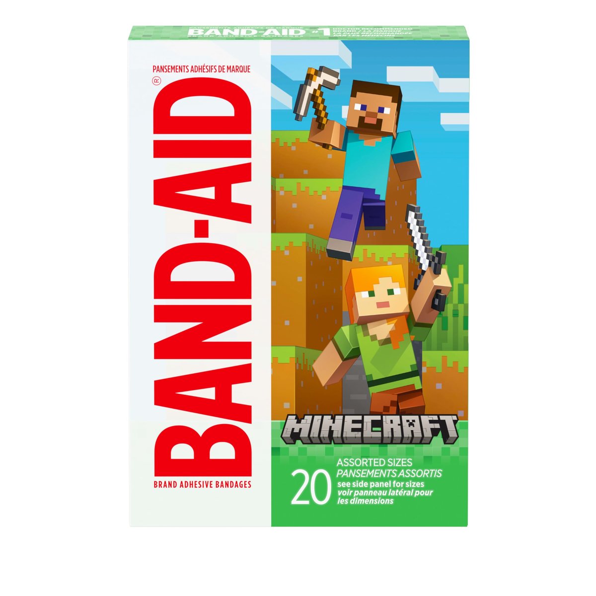 BAND-AID Marken-Pflaster für Kinder mit Minecraft-Design, für kleine Schnitte und Schrammen, bunt, verschiedene Größen, 20 Stück