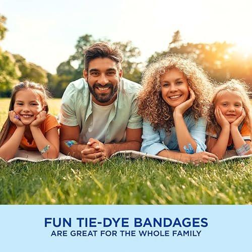 BAND-AID Flexible Fabric Pflaster, Steriler Wundschutz für kleine Schnitte, Schrammen & Verbrennungen, Erste-Hilfe-Set-Essential, lustige Tie-Dye-Designs, verschiedene Größen, 100 Stück