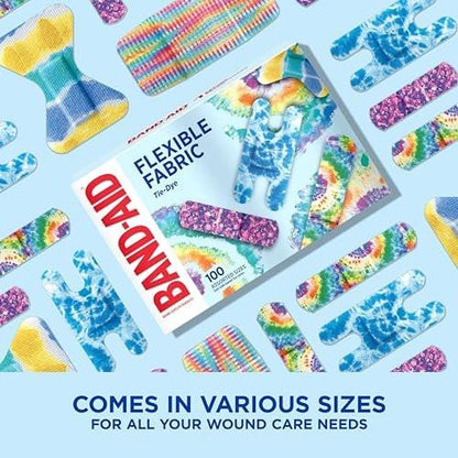 BAND-AID Flexible Fabric Pflaster, Steriler Wundschutz für kleine Schnitte, Schrammen & Verbrennungen, Erste-Hilfe-Set-Essential, lustige Tie-Dye-Designs, verschiedene Größen, 100 Stück