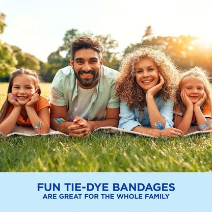 BAND-AID Flexible Fabric Pflaster, Steriler Wundschutz für kleine Schnitte, Schrammen & Verbrennungen, Erste-Hilfe-Set-Essential, lustige Tie-Dye-Designs, verschiedene Größen, 100 Stück