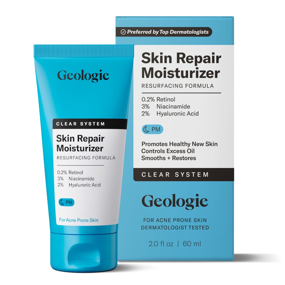 Geologie Skin Repair Feuchtigkeitscreme für das Gesicht | Clear System Retinol Resurfacing Formel | Für zu Unreinheiten neigende Haut mit Niacinamid & Hyaluronsäure | 60 ml