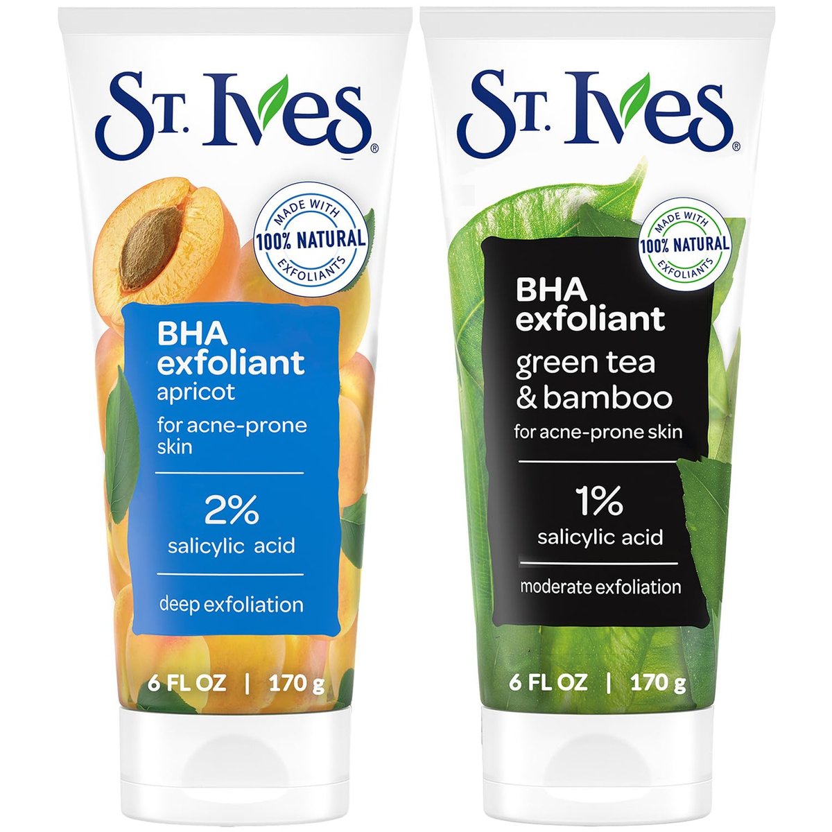 St. Ives Gesichtspeeling Variety 2er-Pack – Frische Haut Aprikose + Mitesser Entfernen Grüner Tee, Peeling für das Gesicht, 177 ml pro Tube