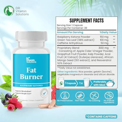 Fatburner für Frauen & Männer mit GLP-1 Unterstützung – Himbeer-Ketone, Grüner Tee, Thermogenese & Appetitzügler – Vegan, Nicht-GVO, 30-Tage-Vorrat