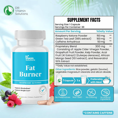 Fatburner für Frauen & Männer mit GLP-1 Unterstützung – Himbeer-Ketone, Grüner Tee, Thermogenese & Appetitzügler – Vegan, Nicht-GVO, 30-Tage-Vorrat