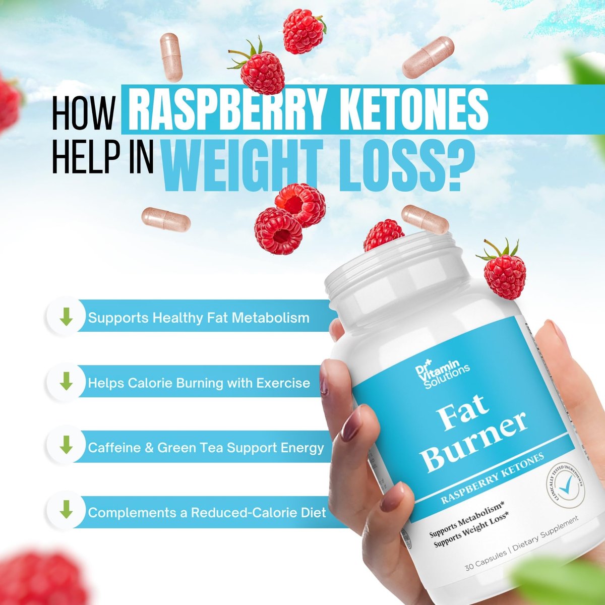 Fatburner für Frauen & Männer mit GLP-1 Unterstützung – Himbeer-Ketone, Grüner Tee, Thermogenese & Appetitzügler – Vegan, Nicht-GVO, 30-Tage-Vorrat