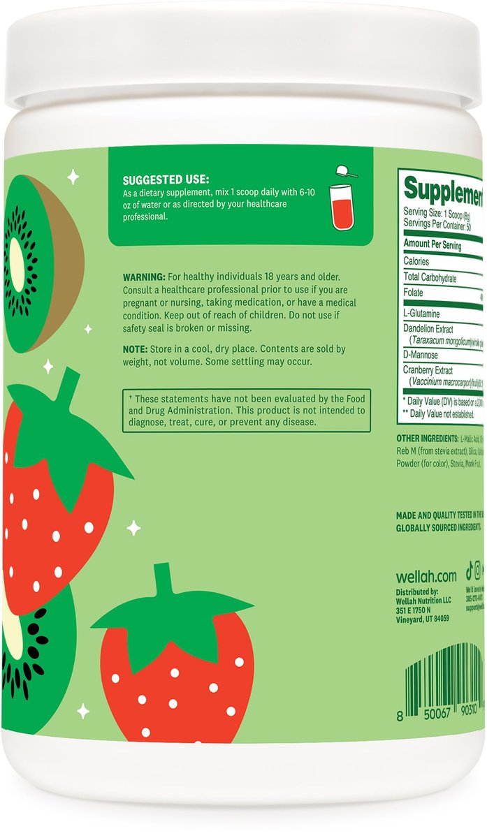 Wellah L-Glutamin Pulver Erdbeer-Kiwi (50 Portionen) - 5g L-Glutamin pro Portion, mit Stevia gesüßt