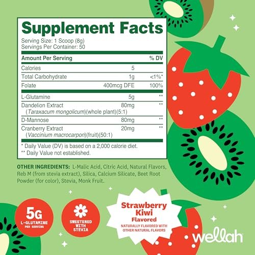 Wellah L-Glutamin Pulver Erdbeer-Kiwi (50 Portionen) - 5g L-Glutamin pro Portion, mit Stevia gesüßt